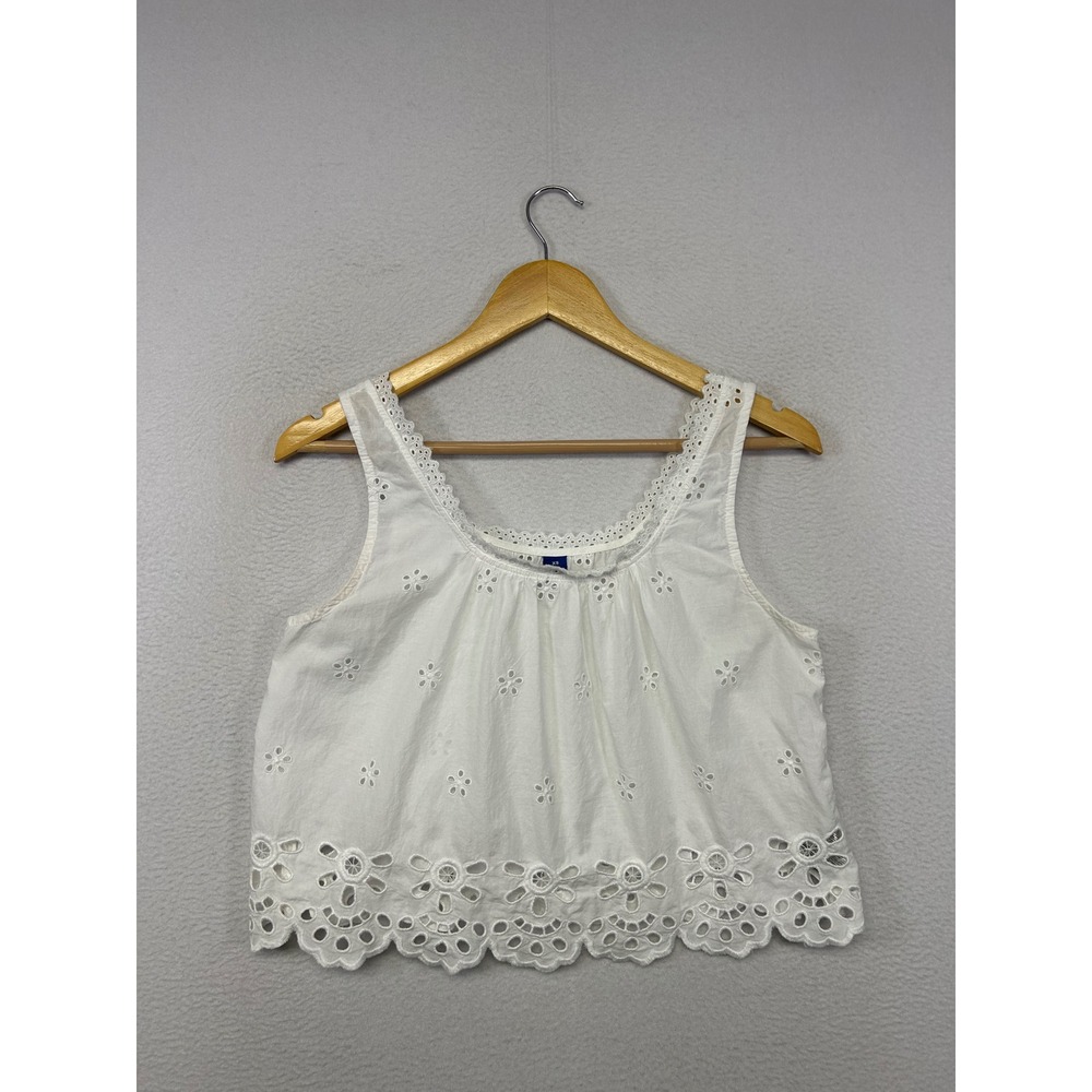 Boho Cottagecore Old Navy Womens XS White Eyelet Embroidered Scallop Tank Top